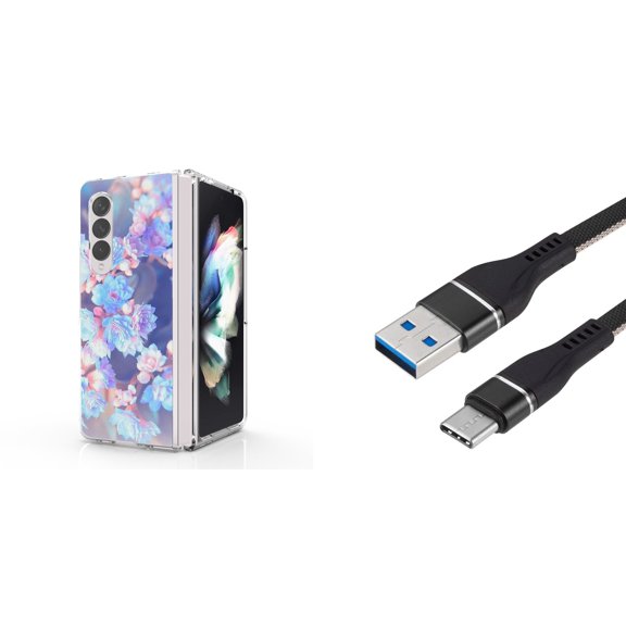 Accessory Bundle for Galaxy Z Fold 4: Slim Snap-On Case (Purple Wild Flowers), Nylon Braided USB-C to USB-A Cable (3 Feet)