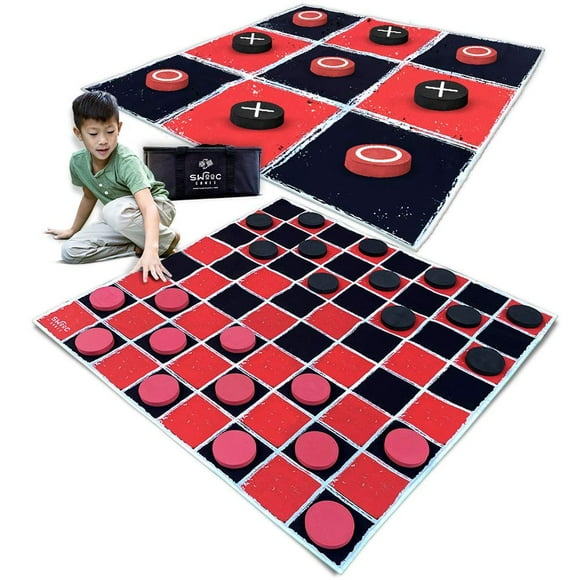 Swooc Games - 2-In-1 Vintage Giant Checkers & Tic Tac Toe Game With Mat (4Ft X 4Ft) - 100% Machine-Washable Canvas With 5"" Big Foam Discs - Yard Size Indoor And Outdoor Games For The Whole Family