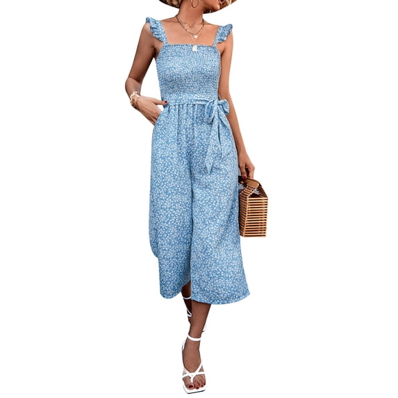 GORHGORH Women's Summer Fashion Wide-Leg Pant Sleeveless Floral Print Lace-Up Wide Straps Suspender Jumpsuit