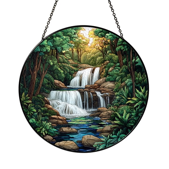 Lush Forest Waterfall Stained Glass Style Suncatcher Window Hanging Decor, Woodland Landscape Window Ornament, Nature Inspired Stream and Rock Decorative Glass Art Panel, Scenic Window Decoration
