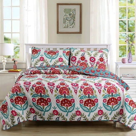 Cozy Line Home Fashions Ensemble de Literie Réversible en Coton 100 % Floral Rose Rouge, Couvre-Lit (Fleurs Fuchsia, Grand - 3 Pcs)