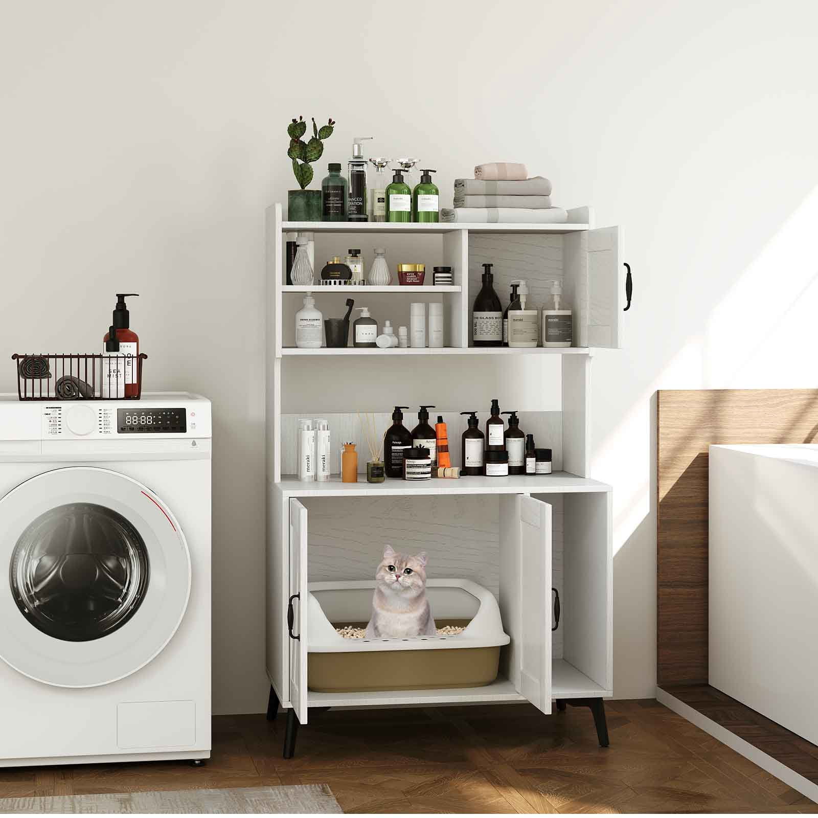 Gymax Large Cat Litter Box Enclosure w/ Display Storage Shelves Hidden Cat Furniture White