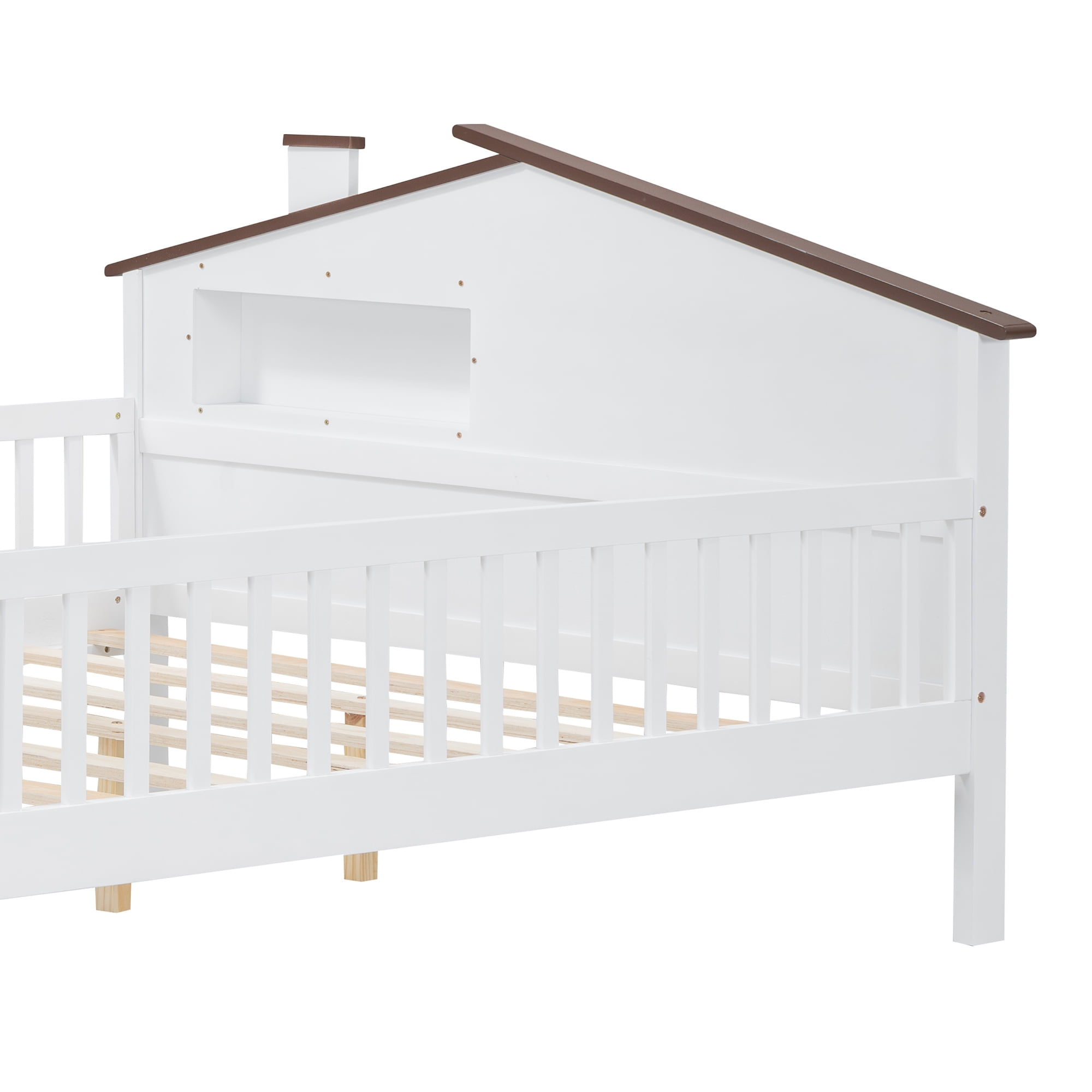 EUROCO Wood Full Size Platform Bed Frame with House Like Roof and LED Light, White