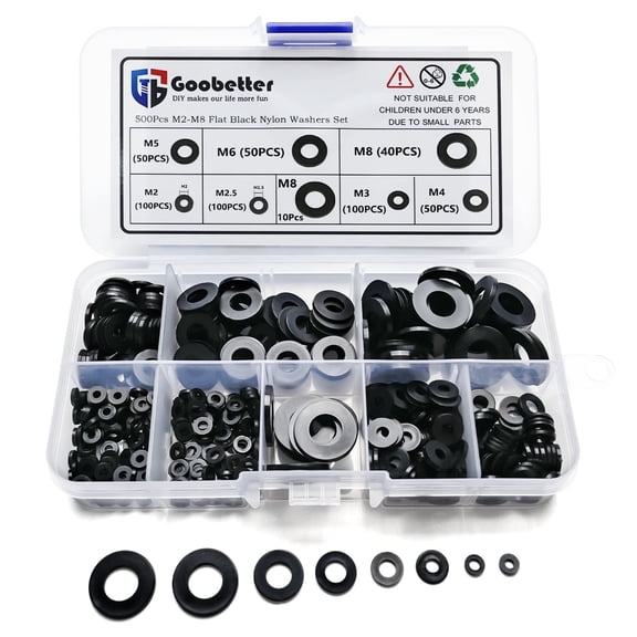 Goobetter 500 Pcs Nylon Flat Washers Assortment Kit for Screws Bolts,7 Sizes(M2-M8) Black Plastic Washers for Household & Commercial