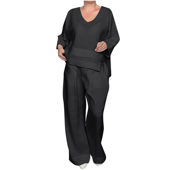 Dvprdro Women's Spring and Summer Solid-Color V-Neck Mid-Sleeve Top with Straight Leg Pockets Pants Casual Set Fall Fashion Activewear Two Piece Outfits Suits