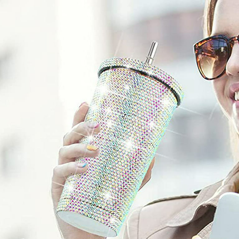 Paris Hilton Diamond Bling Water Tumbler With Lid And Straw,  Vacuum Insulated Stainless Steel, Bedazzled With Over 3700 Rhinestones,  16.9-Ounce, Blue: Tumblers & Water Glasses