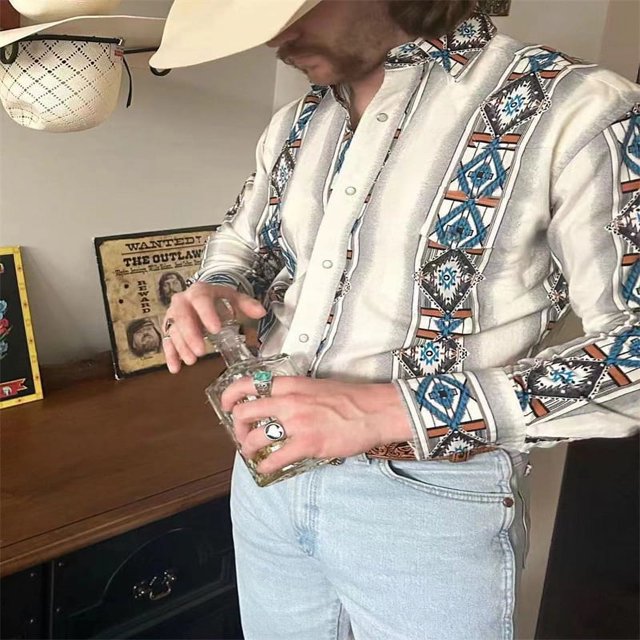 Camisa tribal occidental para hombre estilo retro informal para fiesta con estampado de caballo tótem en alta definición suave y cómoda nueva camisa tribal para hombre