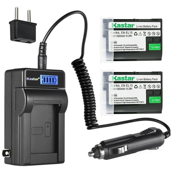 Kastar 2-Pack EN-EL15 Battery and LCD AC Charger Compatible with Nikon 1 V1, D500, D600, D610, D750, D780, D800, D800E, D810, D810A, D850, D7000, D7100, D7200, D7500, Z 6, Z6, Z 7, Z7, Z 7 Q3, Z7Q3
