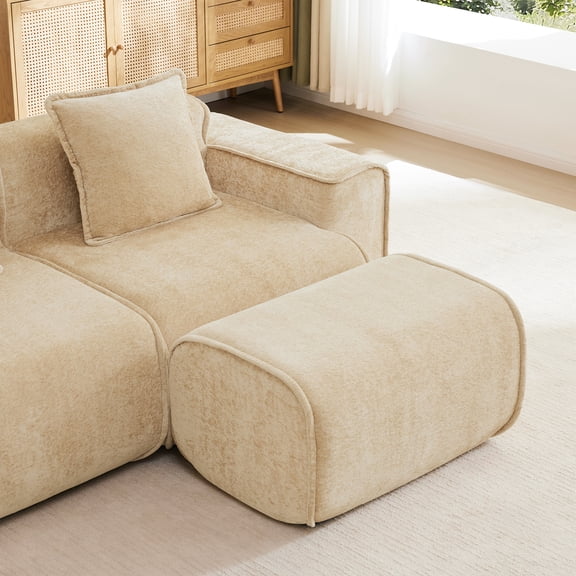 LiviNest Beige Fabric Sofa with Ottoman: Modular Sectional Sofa for Small Apartments - No Assembly Required with High Resilience Foam Support & Soft Velvet Fabric for Living Room Use