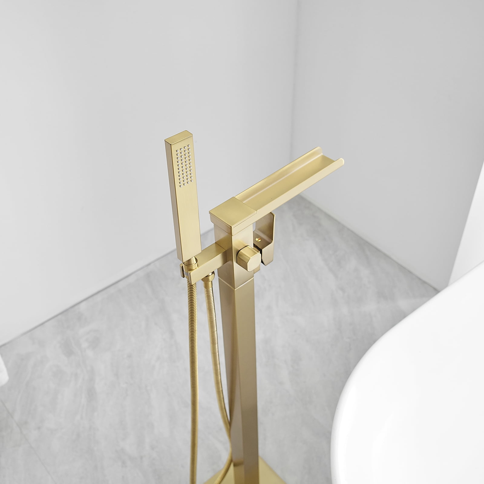 Single-Handle Floor Mount Freestanding Bathtub Faucet Waterfall Tub Filler with Handheld Shower in Brushed Gold