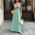 thumbnail image 4 of Women's Beach Dress Striped Halter V-Neck Maxi Sundress Tunic Open Back Vacation Summer Dress Mint Green M, 4 of 8
