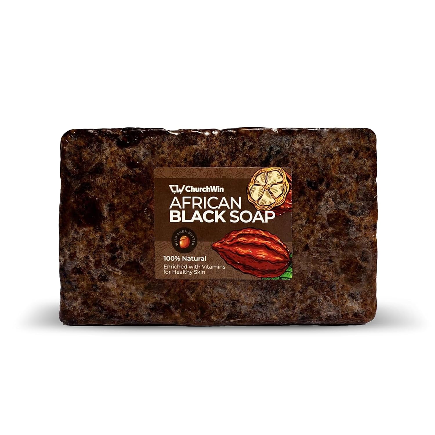Churchwin Raw African Black Soap with Shea Butter for Face and Body, Authentic Ghanaian Cleansing Bar, 1 lb