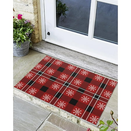 

Indoor Outdoor Mats Christmas Snowflake Red and Black Plaid Door Mat Non-Slip Absorbent Resist Dirt Entrance Mat Washable Welcome Mats for Entryway Low-Profile Floor Mats