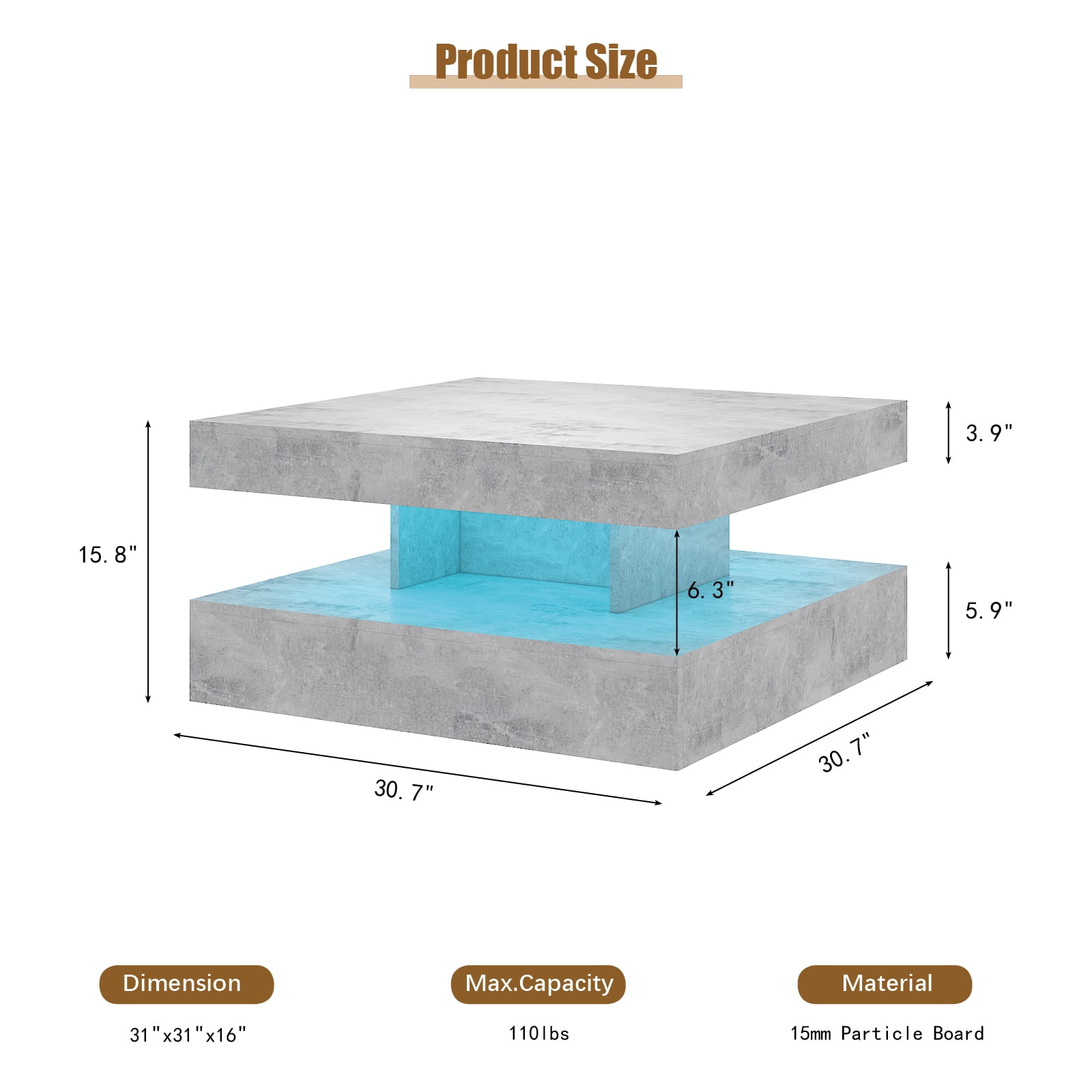 Hironpal Gray LED Coffee Table for Living Room,31" Living Room Center Table,2-Tier Square Modern Table with Storage,Gray