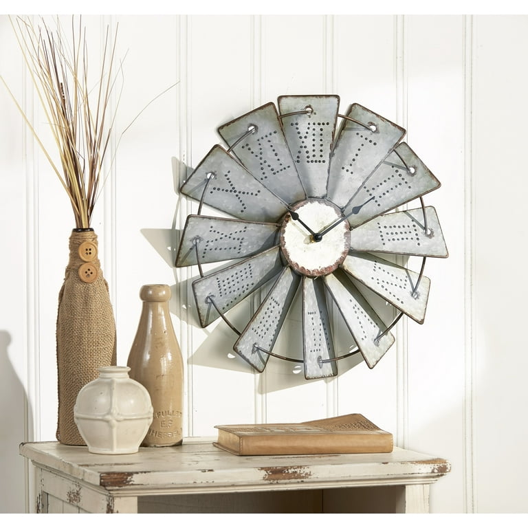 Metal Windmill Wall Clock with Distressed Finish and Roman Numerals