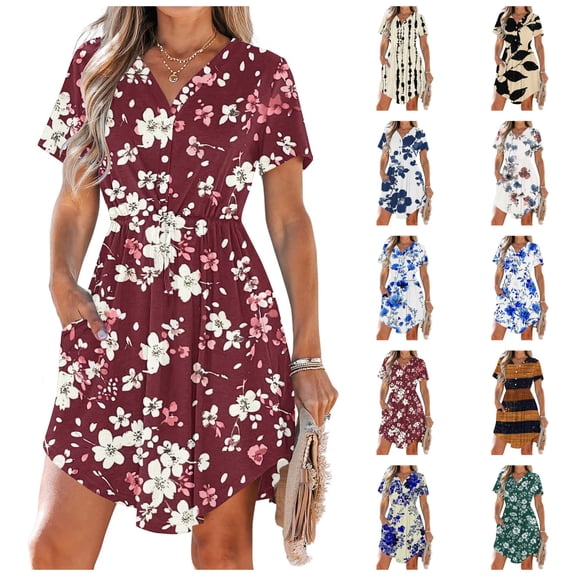 LIBRCLO Dresses for Women Short Sleeve V Neck Sundresses Asymmetrical Hem Drawstring Dresses With Pockets