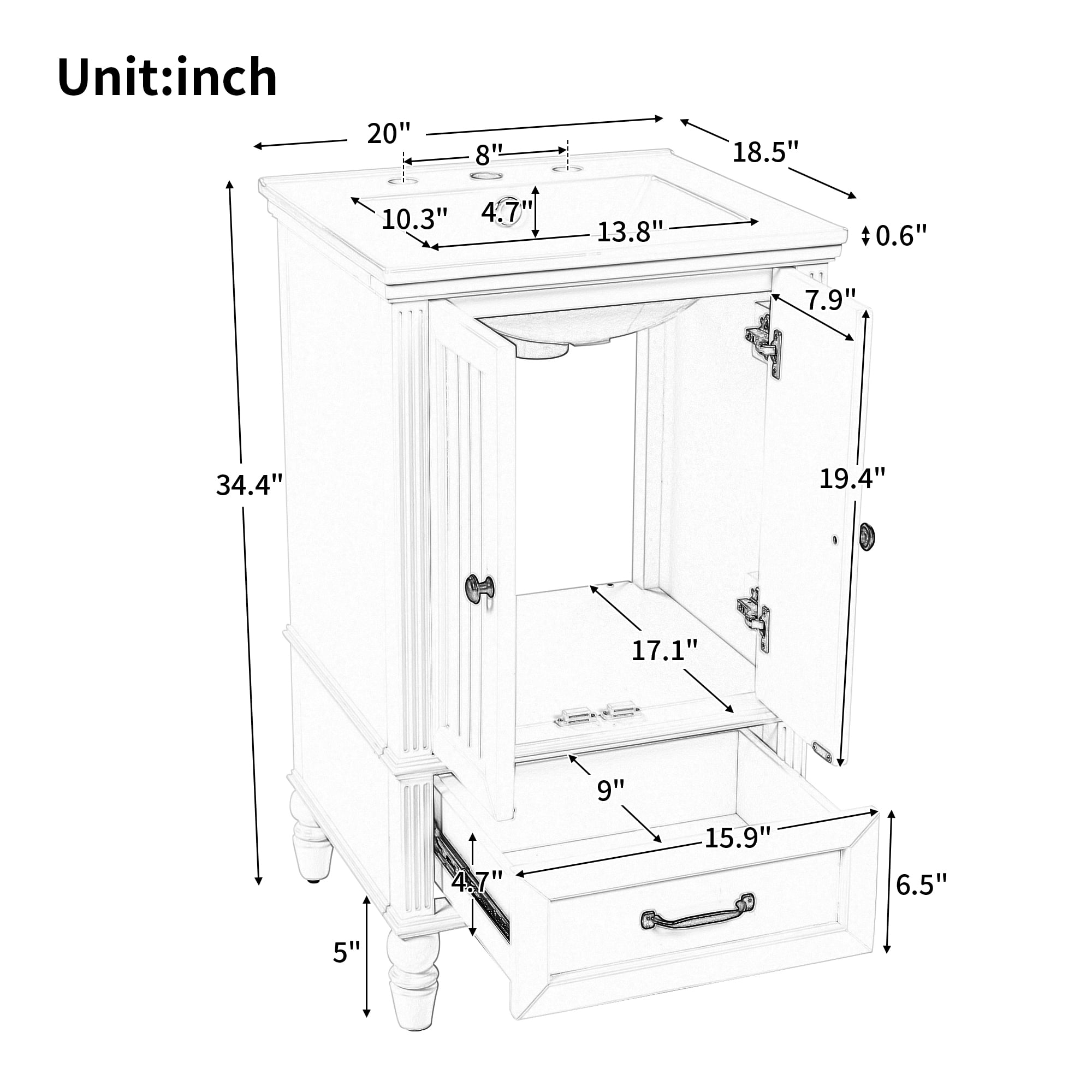 Euroco 30" Bathroom Vanity with Semilune Ceramic Sink, Real Wood & MDF Cabinet with Drawer, 3-Hole Faucet Mount