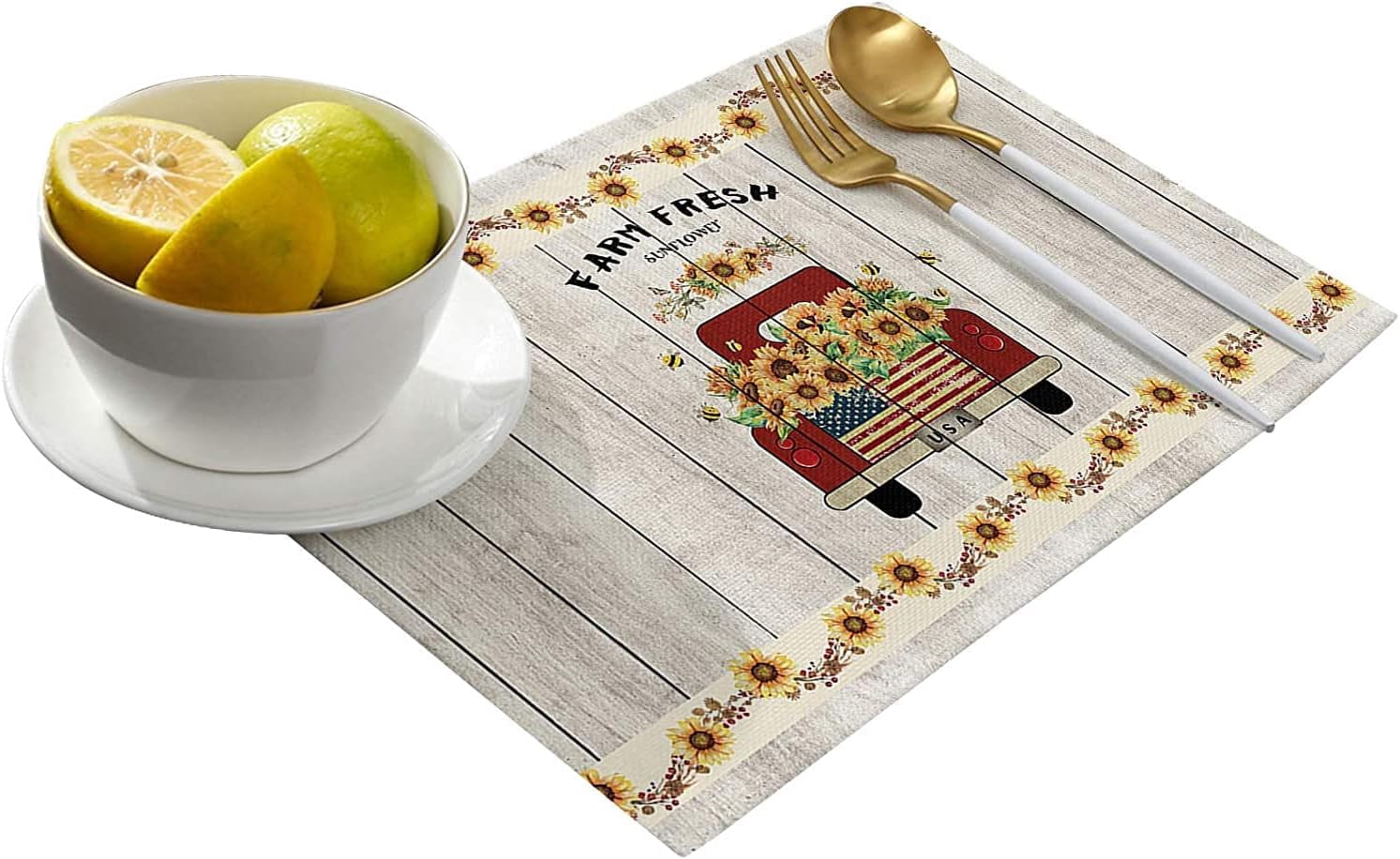 Sunflower on Car Rustic Placemats Washable Place Mats Table Mats Farmhouse Set of 6 Cotton Linen Indoor Placemat for Kitchen Living Room Wooden Board 12 x 18 Inches