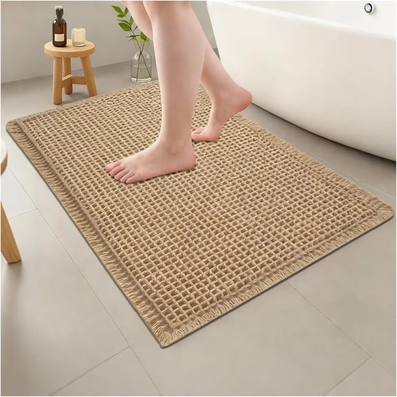 Waffle Knit Non-Slip Bath Mat – Soft Textured Bathroom Rug, Rectangular