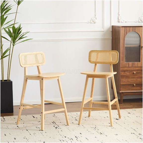 Natural Wood Bar Stools Set of 2 with Woven Rattan Backs for Kitchen Island, Dining Counter or Home Pub