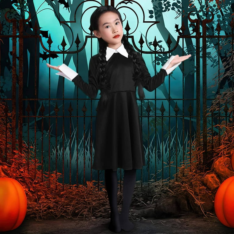 Wednesday Addams Costume Girls Dress Long Sleeve Halloween Addams