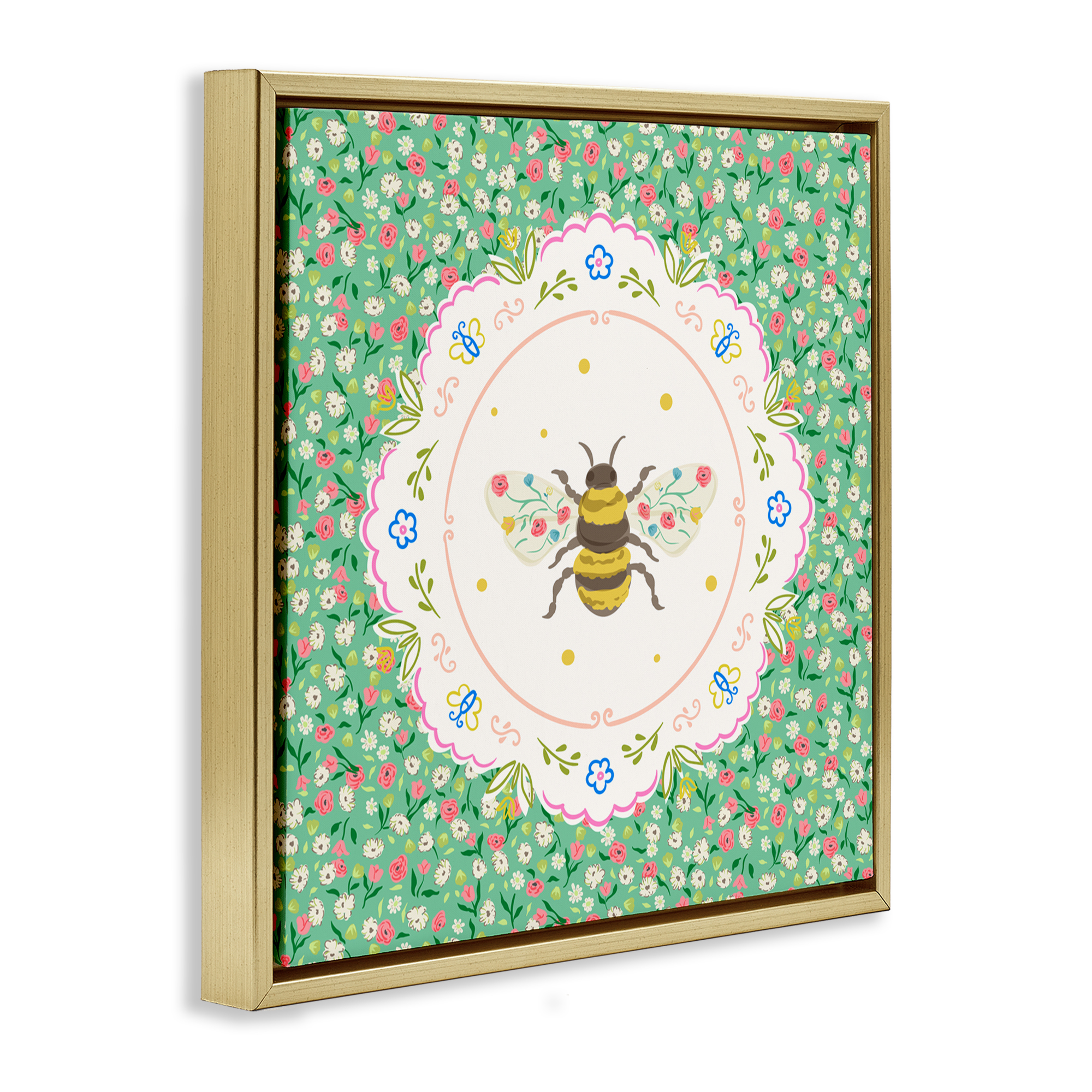 Spring Bee Delicate Florals Gold Framed Floater Canvas Wall Art, design by Angela Steahling