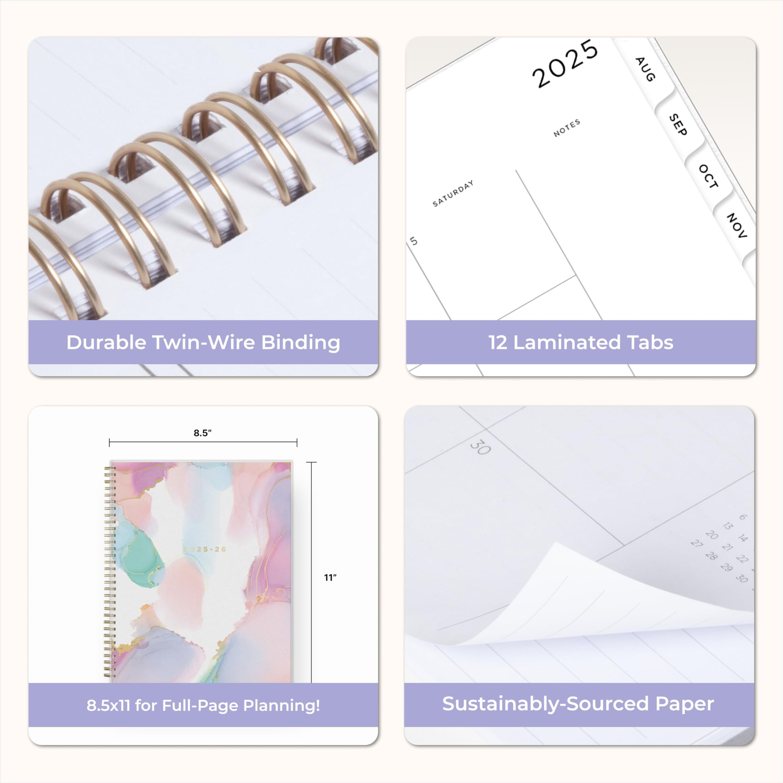 Blue Sky Ashley G 2025-2026 Weekly and Monthly Academic Year Planner Calendar, July 2025 - June 2026, 8.5" x 11", Flexible Cover, Wirebound, Laminated Tabs, Multi Color Smoke