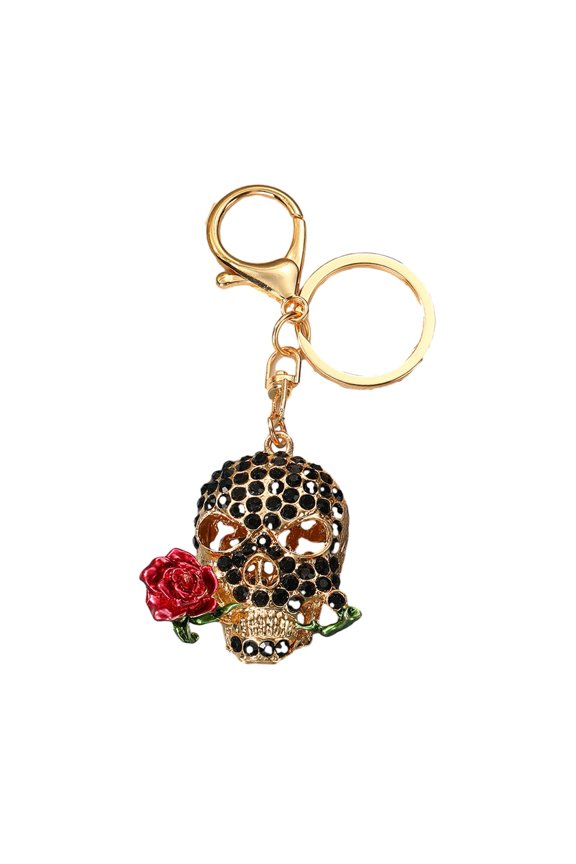 Holding Rose Rhinestone Skull Keychain for Halloween, Gothic Skeleton Head Key Ring, Key Chain Accessory for Handbags Backpacks