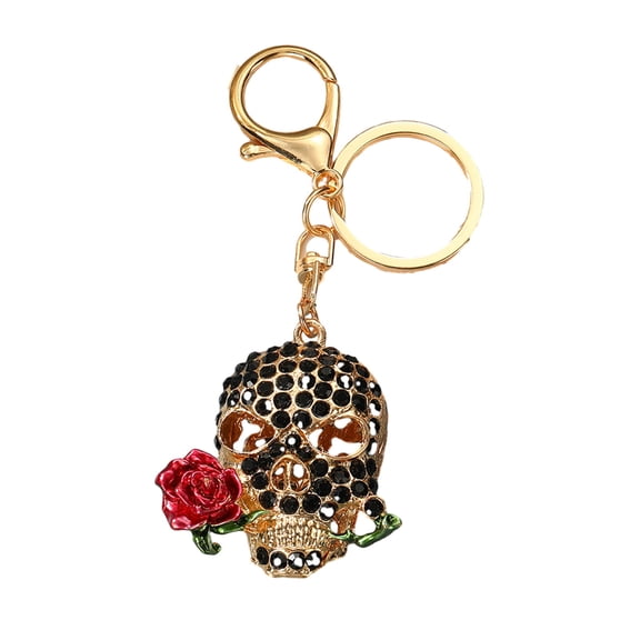 Loamitoy Holding Rose Rhinestone Skull Keychain for Halloween, Gothic Skeleton Head Key Ring, Key Chain Accessory for Handbags Backpacks