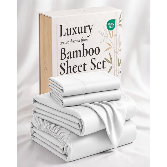 4 Piece Queen Size Bed Sheet Set in White Made from 100% Viscose Derived from Bamboo