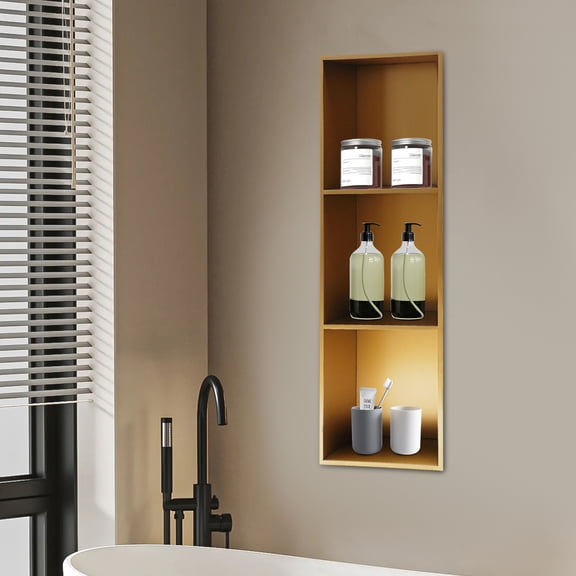 Titanium Gold Stainless Steel 28*12.5*90cm Three-Layer Embedded Niche Bathroom Storage Rack Punching-Free Storage Box