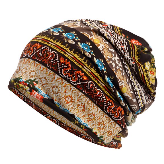 TELOLY Slouchy Beanie Hat Bohemian Style Muslim Hijab Turban Stretch Fashion Ear Protection Caps Hair Styling Accessories Bonnet Coffee Floral