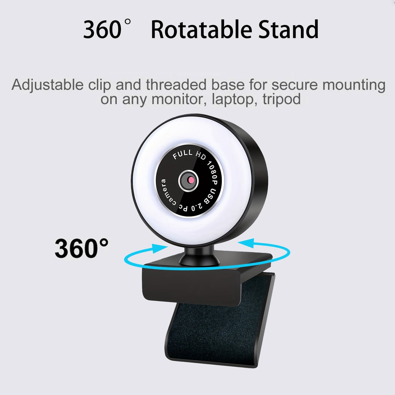 1080P FHD USB Webcam with 3-Level Ring Light, Fixed , 360° Rotation,  and Play for zoom/Streaming/Video Calls