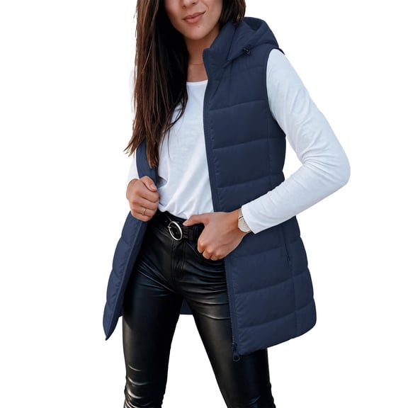 Cmfcve Womens Plus Size Full Zip Puffer Vest Long Hooded Sleeveless Padded Jacket Fall Winter Casual Quilted Warm Outerwear