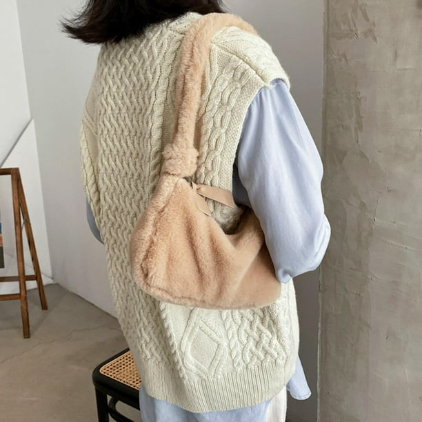 Bolso de hombro de felpa de invierno Colcomx para Mujer Bolso mullido piel sintética Caqui