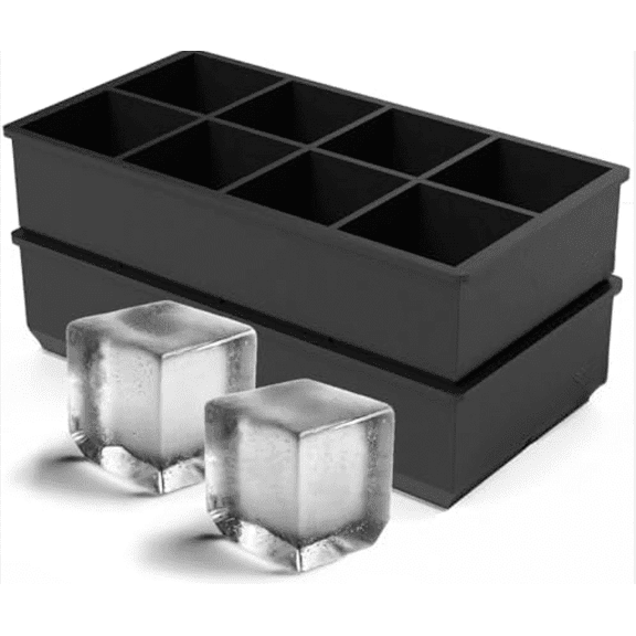 Ice Cube Molds – 2-Pack Silicone Trays for 8 Large Square Cubes – Slow-Melt Ice for Whiskey, Cocktails, Coffee & More
