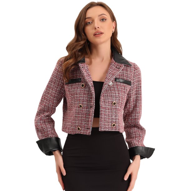 Chaqueta Corta de Tweed para Mujer Blazer Vintage de Tela de Cuadros con Solapa y Doble Botonadura rojo S