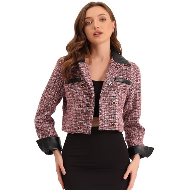 Chaqueta Corta de Tweed para Mujer Blazer Vintage de Tela de Cuadros con Solapa y Doble Botonadura rojo S