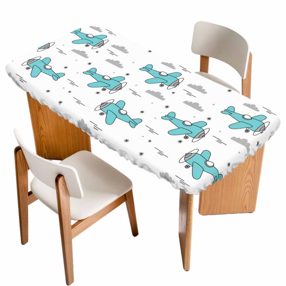 Turquoise Airplane Table Cloths for 5 Foot Rectangle Tables, Modern Abstract Art Cartoon Clouds Patio Waterproof Elastic Fitted Tablecloths, Washable Rectangular Table Cover for Camping