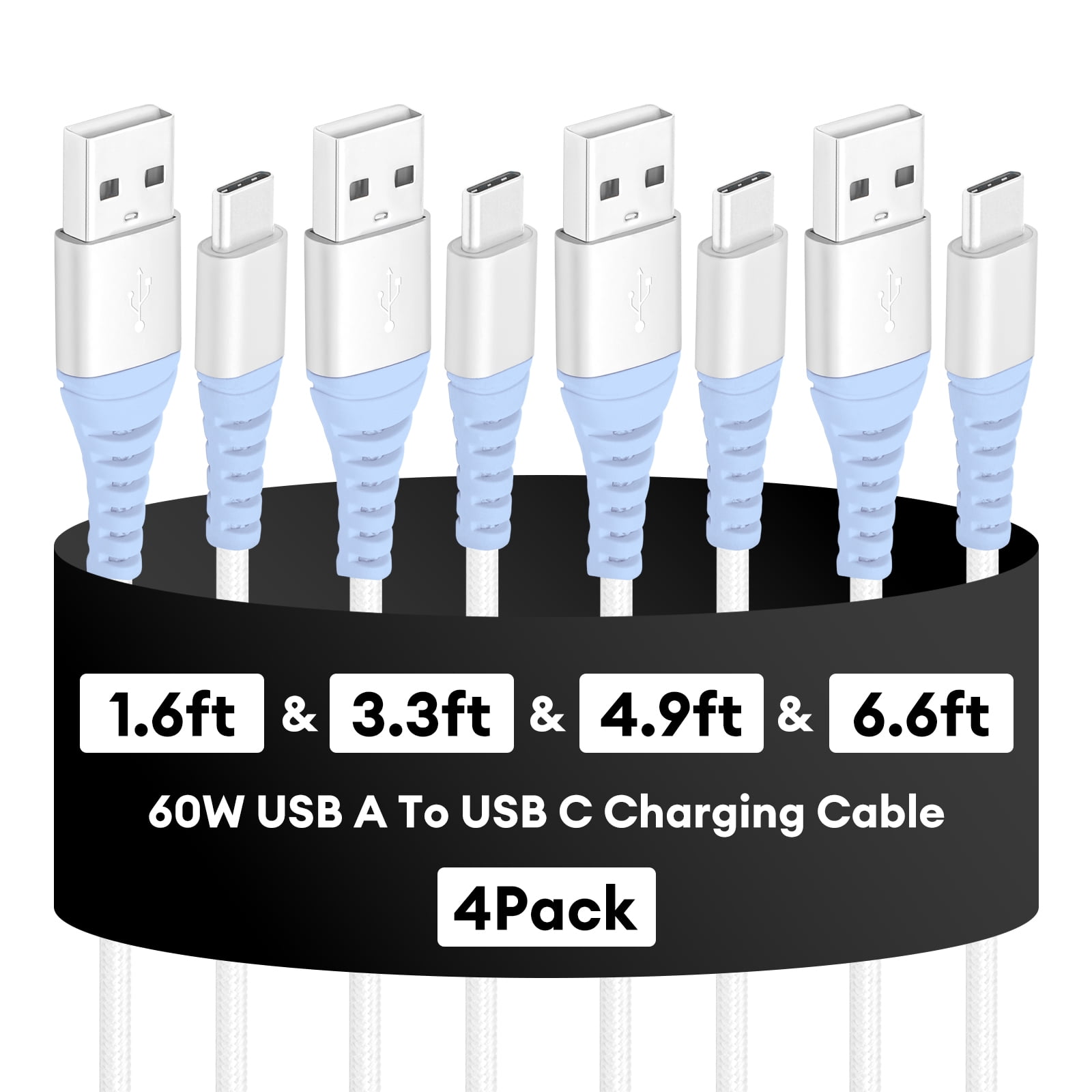 Dutevolns USB C Cable, 4 Pack(1.6/3.3/4.9/6.6ft) Type C Charging Cords, Nylon Braided 3A USB A to C Fast Charging Cable Compatible with IPhone 16/15, Samsung Galaxy, Blue