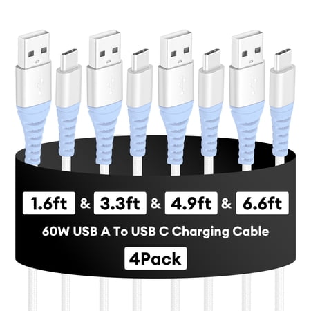 Dutevolns USB C Cable, 4 Pack(1.6/3.3/4.9/6.6ft) Type C Charging Cords, Nylon Braided 3A USB A to C Fast Charging Cable Compatible with IPhone 16/15, Samsung Galaxy, Blue