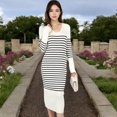 thumbnail image 4 of Women's Striped Knit Midi Dress with Long Sleeves and Ribbed Texture - Small, Light Beige, 4 of 7