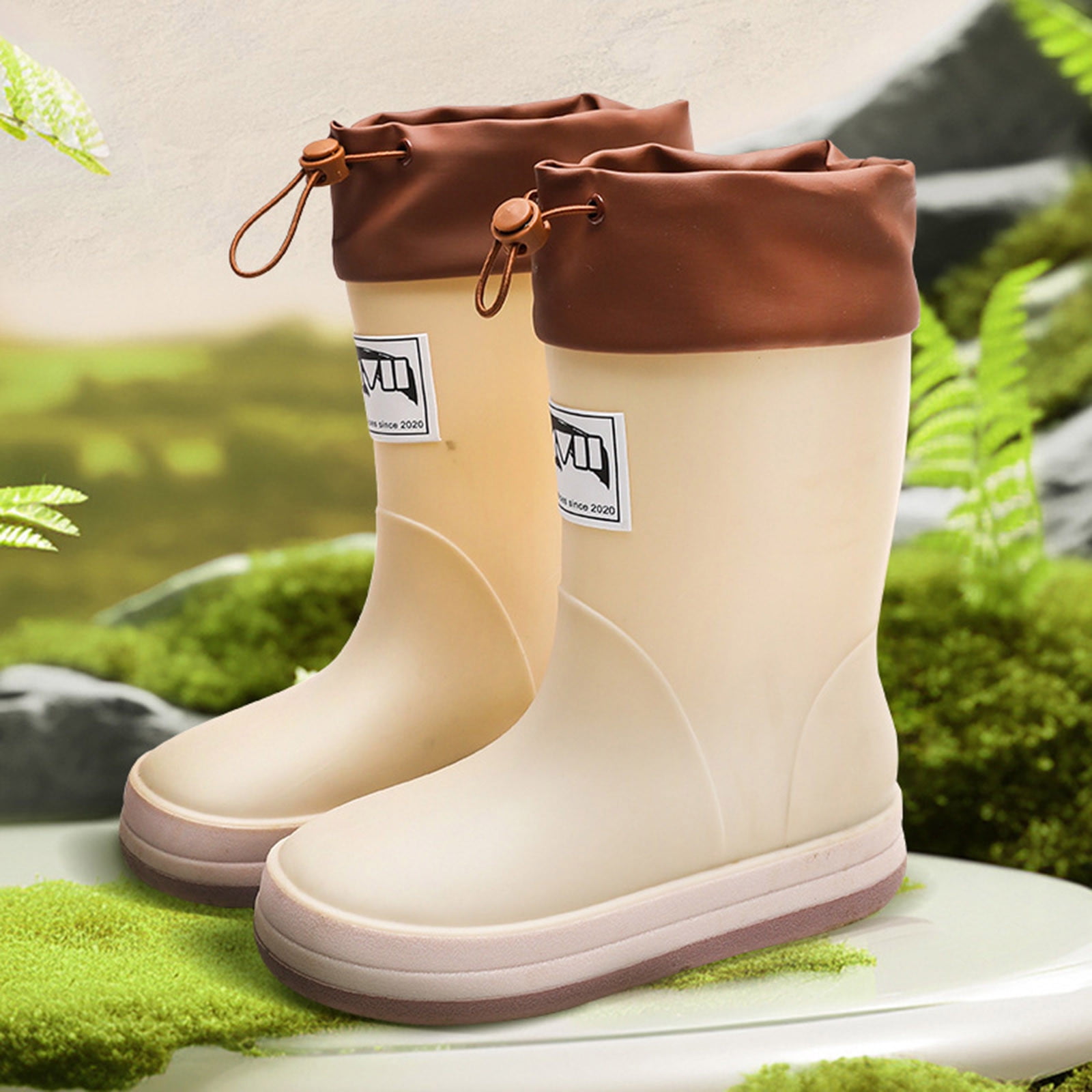 eczipvz Rain Boots Boys Toddler Rain Boots Waterproof, Baby Kids Short Rubber Rain Shoes with Pattern Lightweight for Boys Girls Beige,13