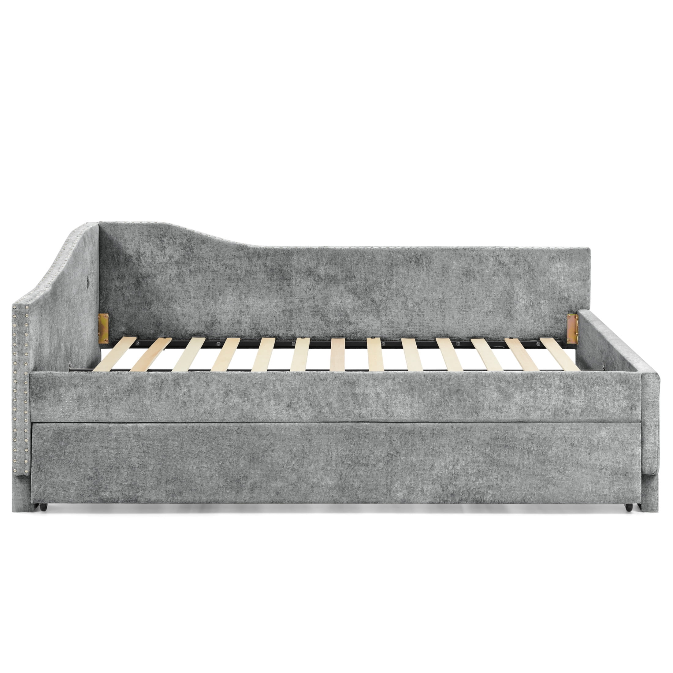 Noble House Phineas Twin Size Chenille Padded Daybed, Sofa Bed Frame with Twin Trundle and Charging Port, Grey