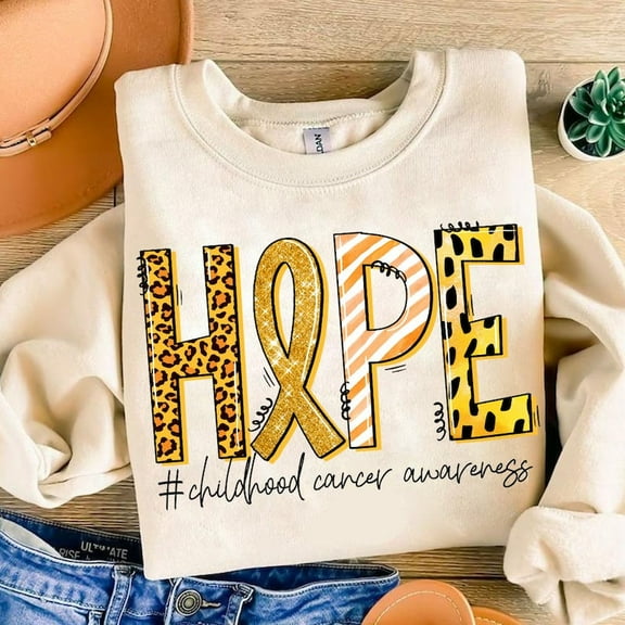 HOPE Childhood Cancer Awareness Sweater, Gold Coquette Bow Fight for a Cure Sweatshirt