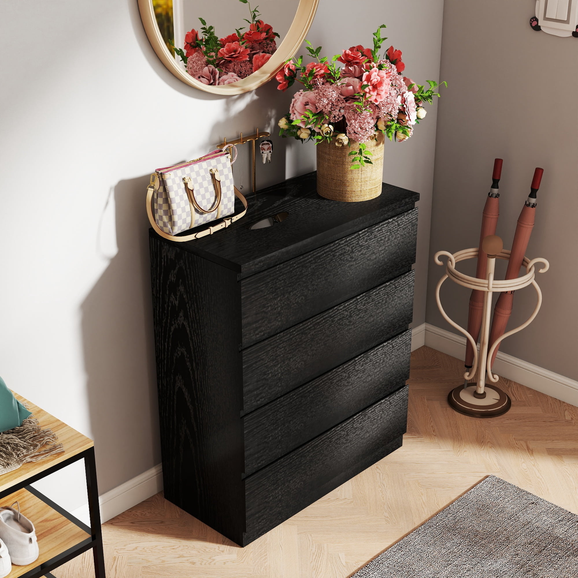 Leumius 4 Drawer Dresser, 31.5In Modern Storage Dresser with Handle-Free Design, Closet Chests Organizer for Bedroom Living Room Black