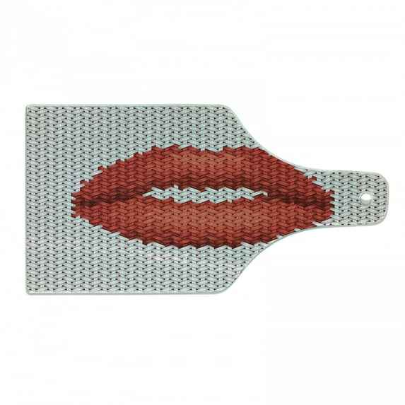 Feminine Cutting Board, Lips Illustration Cosmetics Pattern Womanly Ornamental Design, Decorative Tempered Glass Cutting and Serving Board, Wine Bottle Shape, Grey and Red, by Ambesonne