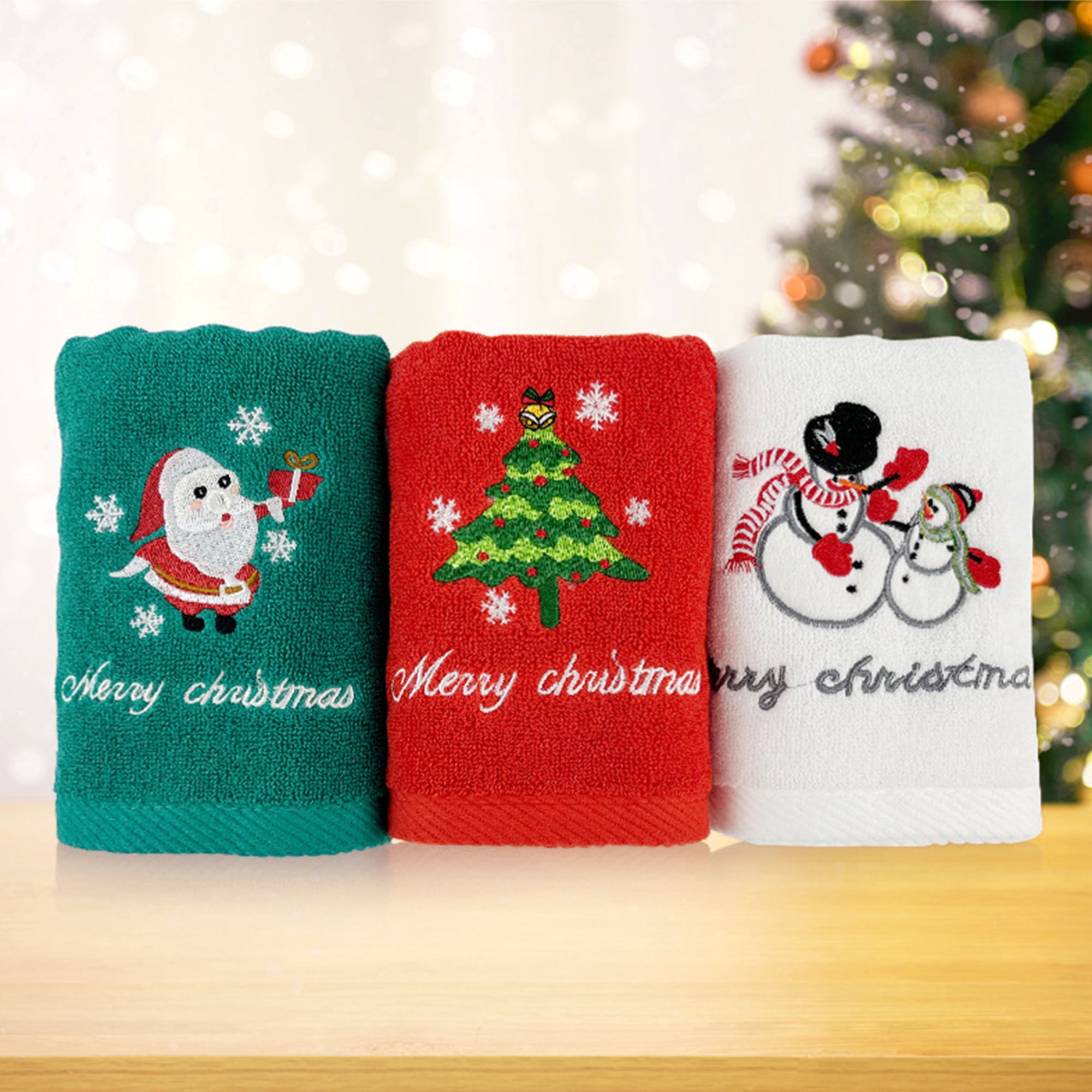 REGALWOVEN Christmas Cotton Hand Towels, Cute Letter Print Bathroom Decorative Hand Towel Set, Absorbent Soft Towel for Hand Face Green 4-Piece