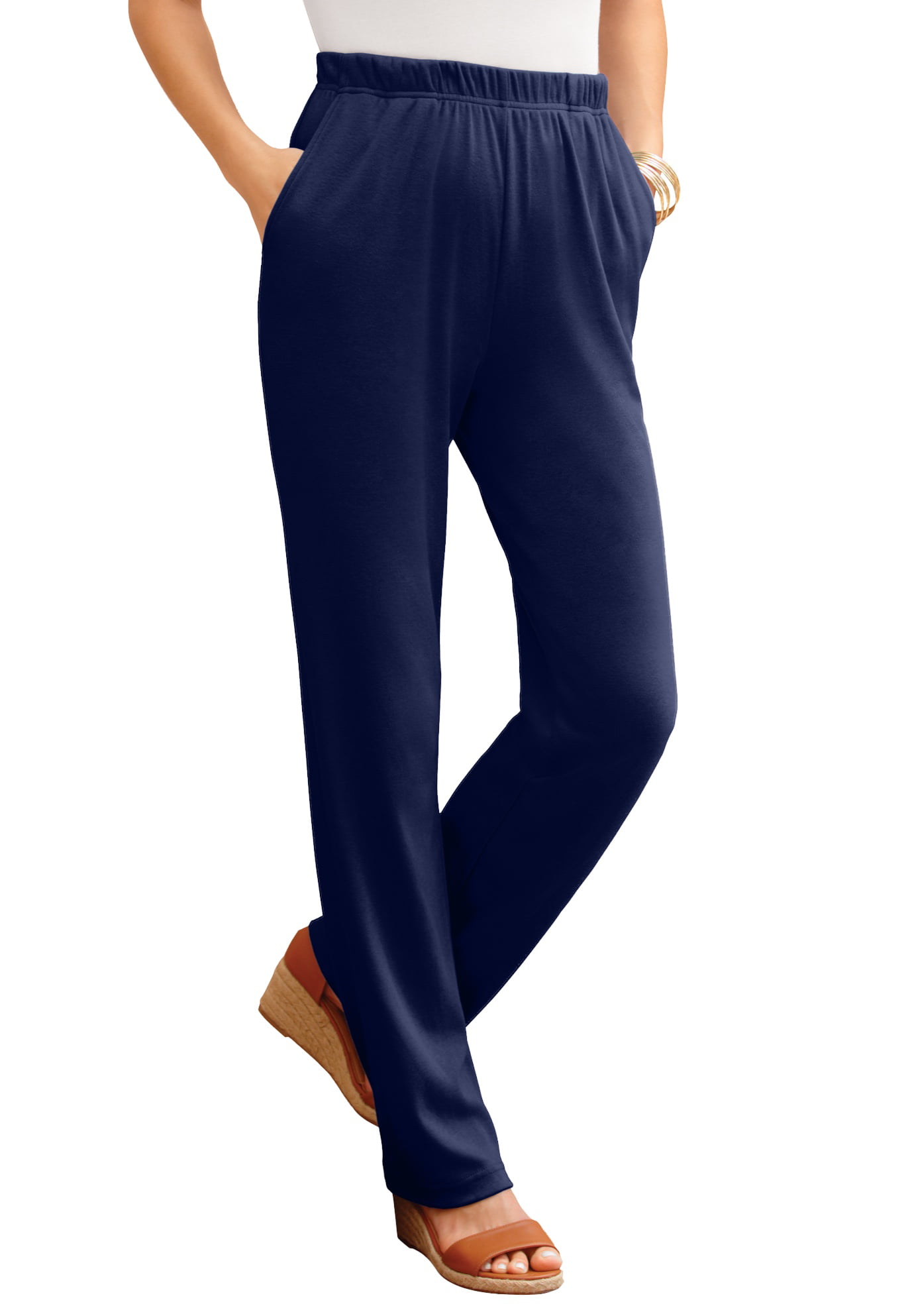 Woman Within Plus L 18-20 Pants  Cotton Blend Jersey Knit Elastic Waist Blue 