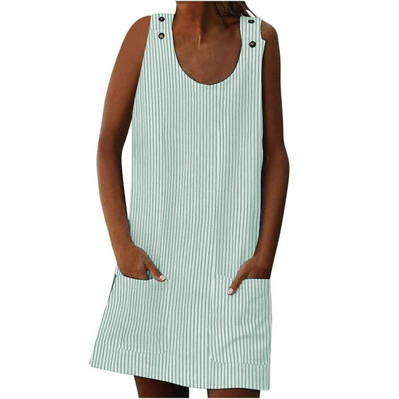 Casual Dresses For Women Sevevn Women's Fashion Holiday Summer Neck Pockets Striped Daily Sundress Sleeveless Party Beach Dress Womens Spring Dresses
